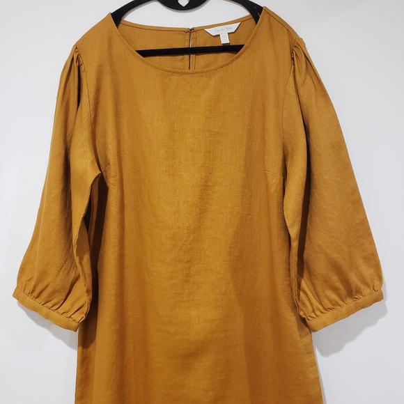 Garnet Hill Market Linen Dress Size M Mustard Gold Shift Popover Coastal Casual - Picture 3 of 16